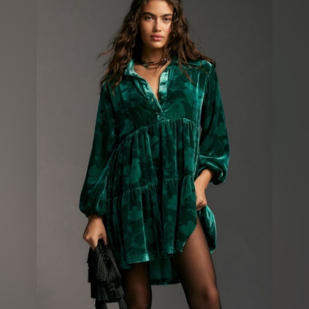 Anthropologie Maeve - The Bettina Velvet Tiered Mini Shirt Dress - XS